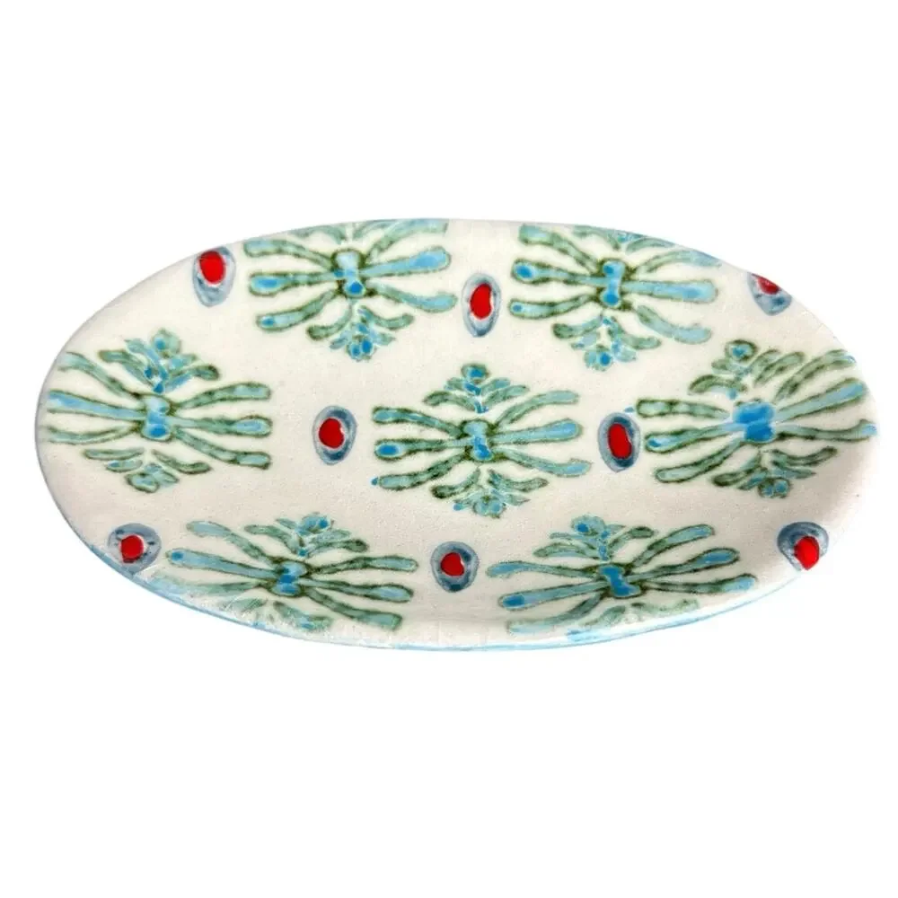 Anthropologie oval trinket dish soap dish Portugal 6.5” hand painted ikat design